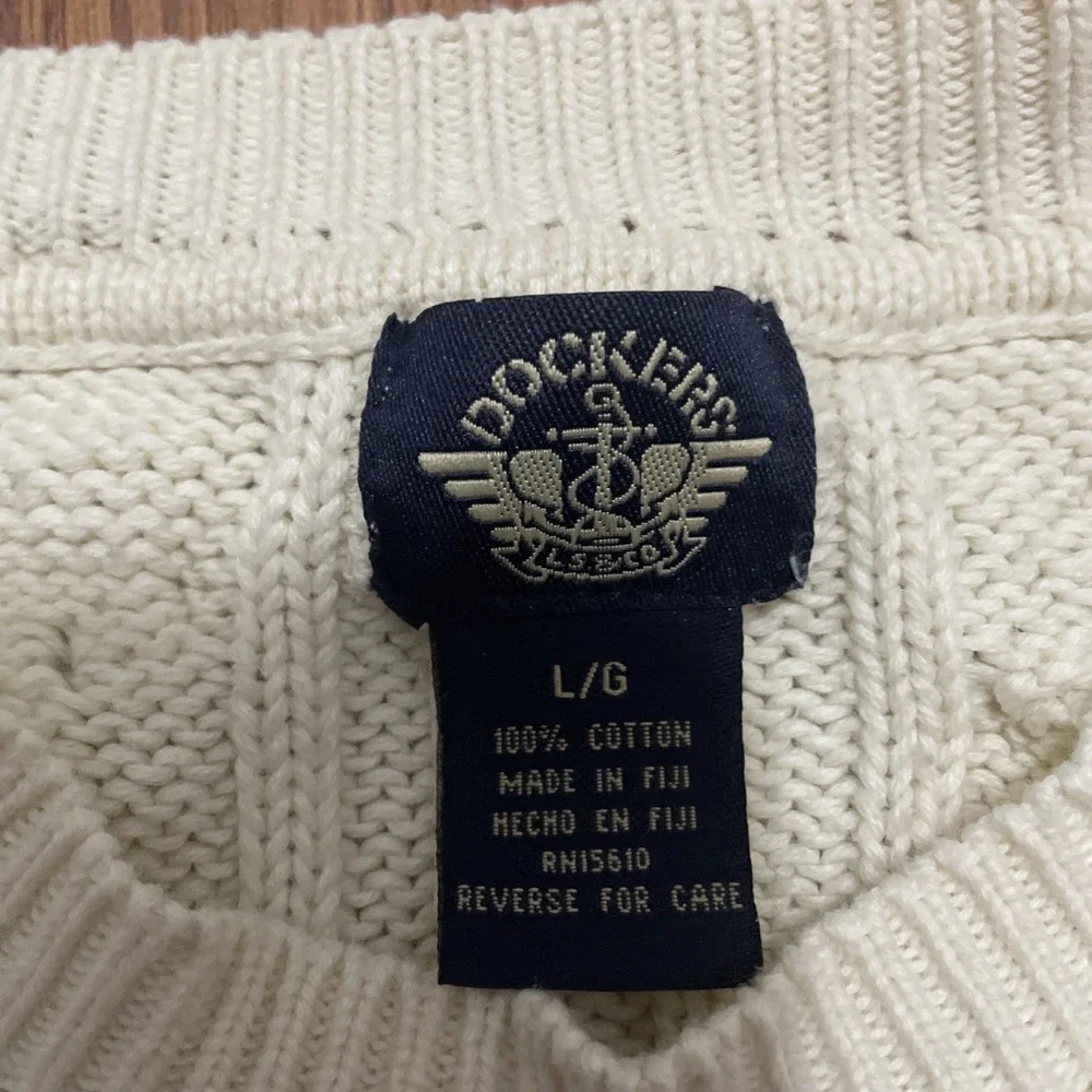 Dockers Sweater Mens Large Cable Knit Fisherman Crew Neck Ivory Vintage 90s